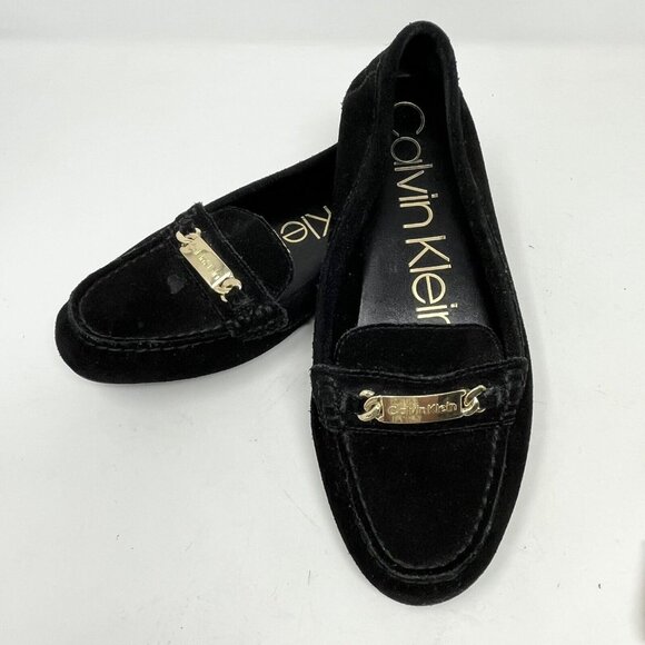 Calvin Klein Shoes - Calvin Klein Lunasi Black Suede Flats Loafers Gold Logo Plate  Comfort Size 6.5M
